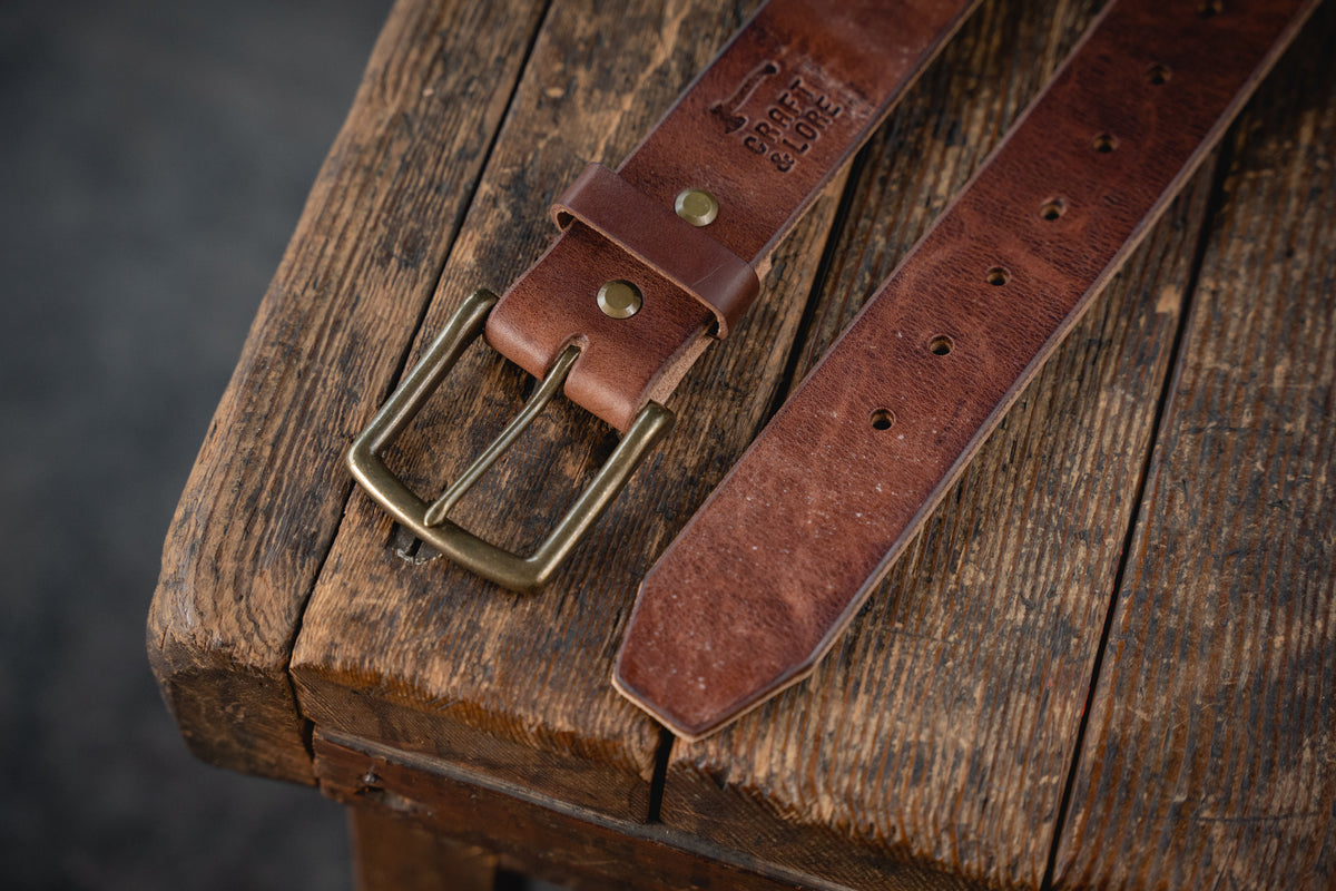 Mountain Belt, Thick Leather Solid Brass Hardware Lifetime Heritage Rugged Belt Handmade Craft and Lore